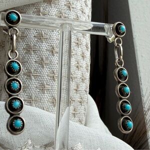 Native American Zuni Five Petit Point Turquoise Stones Set Sterling Earrings
